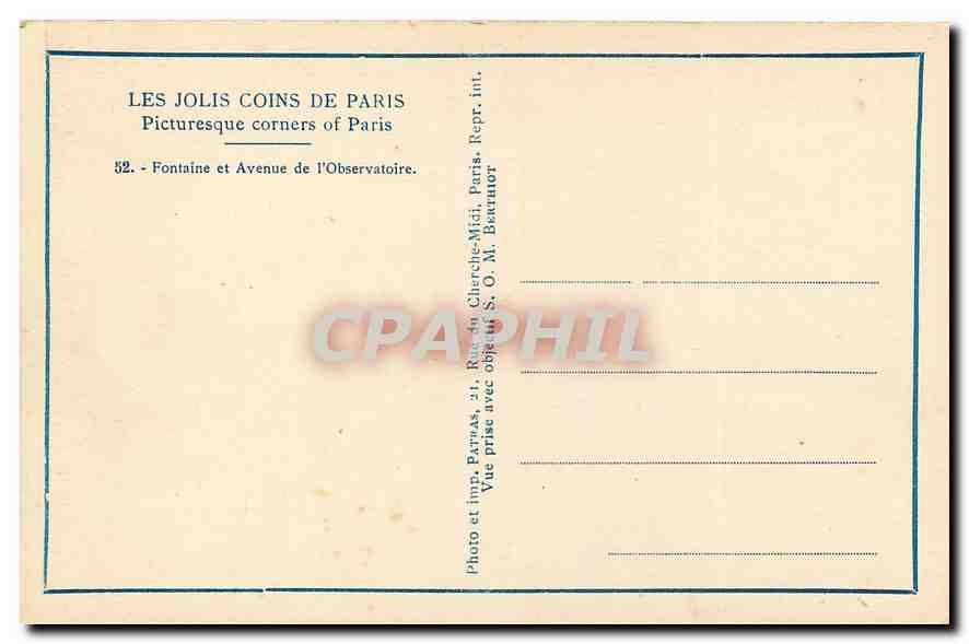 CPA Les Jolis Coins de Paris Fontaine et avenue de l'Observatoire  — Verso