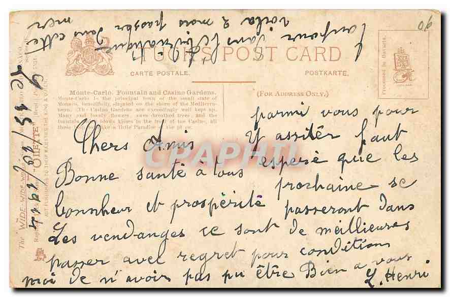 CPA Monte Carlo fontaine et jardins du Casino  — Verso