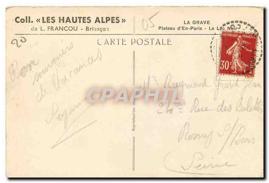 CPA Coll Les Hautes Alpes de L Francou Briancon La Grave Plateau d'En-Paris Le Lac Noir   — Rückseite