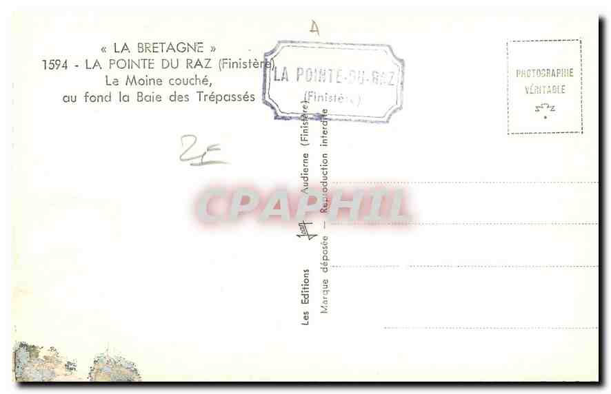 CPA La Bretagne La Pointe du Raz Finistere La Moine couche au fond de la Baie des Trepasses  — Rückseite