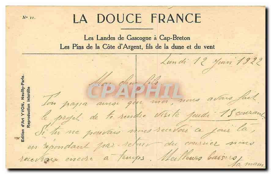 CPA La Douce France Les Landes de Gascogne a Cap Breton Les Pins de la Cote d'Argent fils de la dune — Rückseite