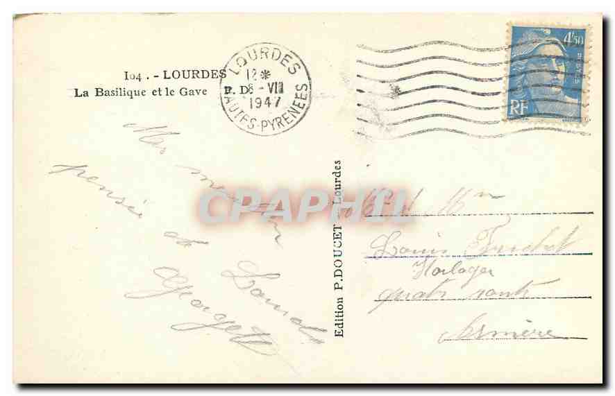 CPA Lourdes La Basilique et le Gave  — Verso