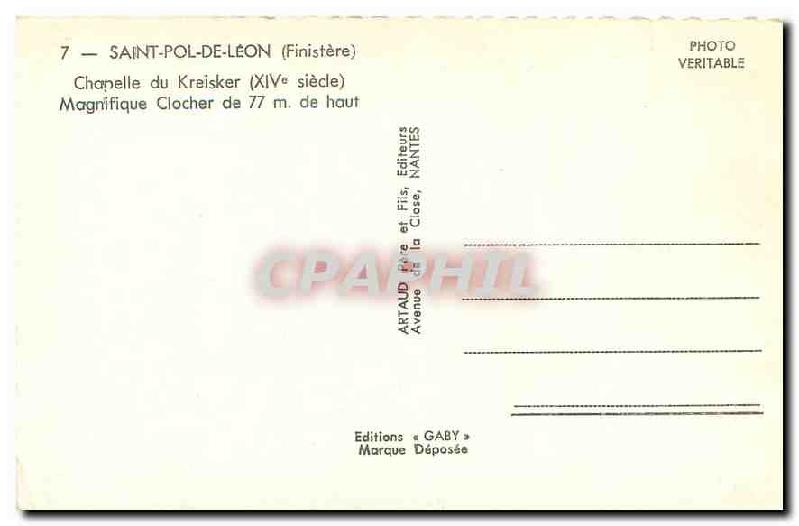CPA Saint pol de Leon Finistere Chapelle du Kreisker  — Rückseite