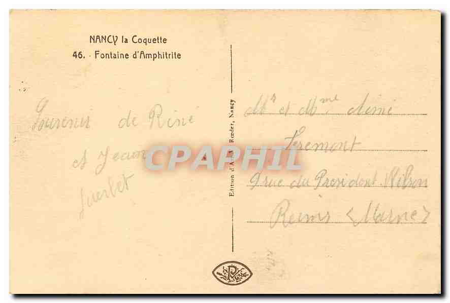 CPA Nancy la Coqiette Fontaine d'Anohitrite  — Rückseite