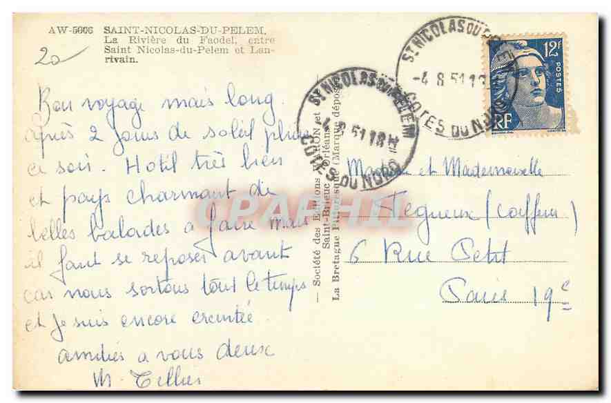 CPA Saint Nicolas du Pelem La Riviere du Feodal entre Saint Nicolas du Pelem et Lanrivain  — Rückseite