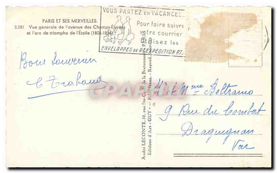 CPA Paris et ses Merveilles Vue generale de l'Avenue des Champs Elysees et l'Arc de Triomphe de l'Et — Rückseite