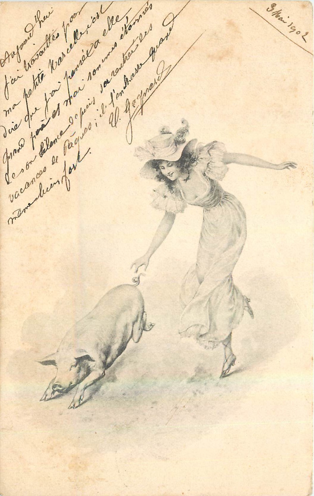 CPA Femme Cochon Porc