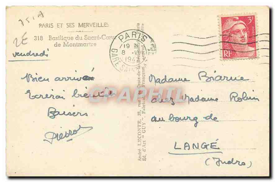CPA Paris et ses Merveilles Basilique du Sacre Coeur de Montmartre  — Rückseite