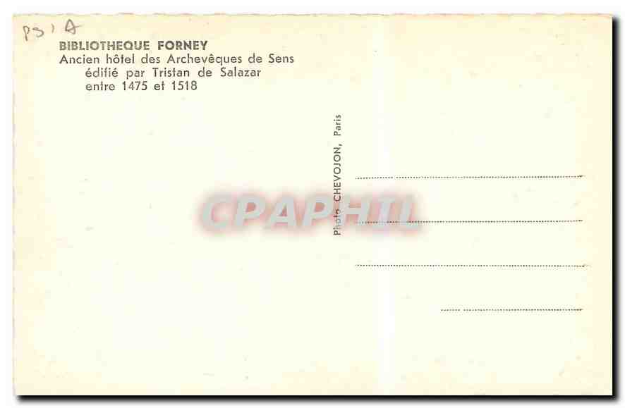 CPA Bibliotheque Forney Ancien hotel des Archeveques de Sens  — Rückseite