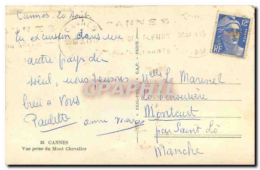 CPA Cannes Vue prise du Mont Chevalier  — Rückseite