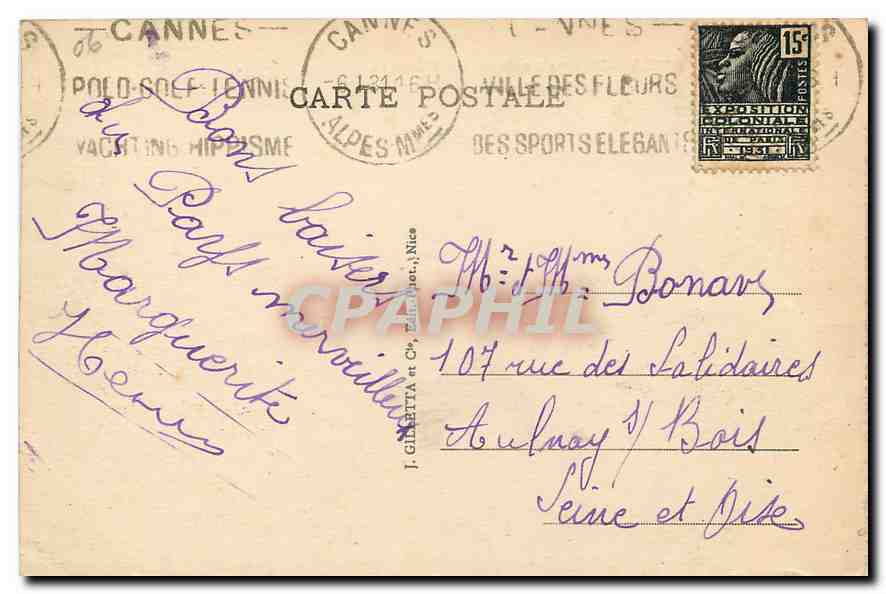 CPA Cannes Vue prise de la Californie  — Rückseite