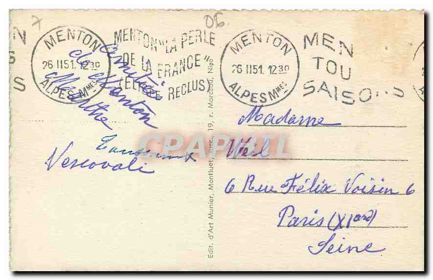 CPA Menton La Vieille Ville  — Rückseite