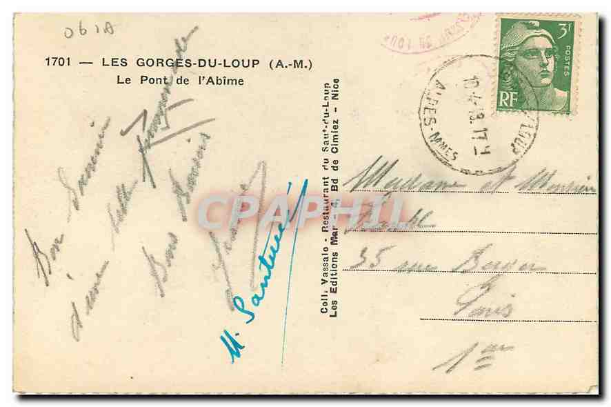 CPA Les Gorges du Loup A M Le Pont de l'Abime  — Rückseite