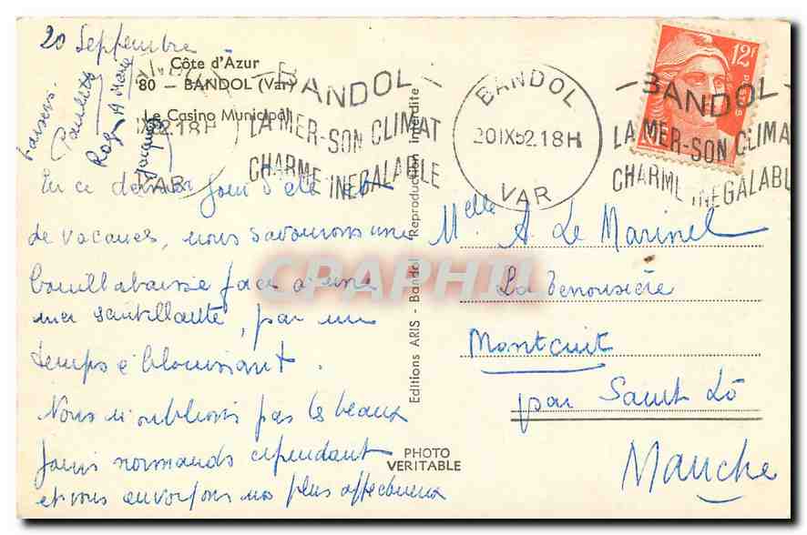 CPA Cote d'Azur Bandol Var Le Casino Municipal  — Rückseite
