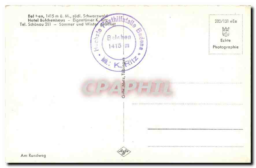 CPA Belchen sudl Schwarzwald Hotel Belchenhaus  — Rückseite