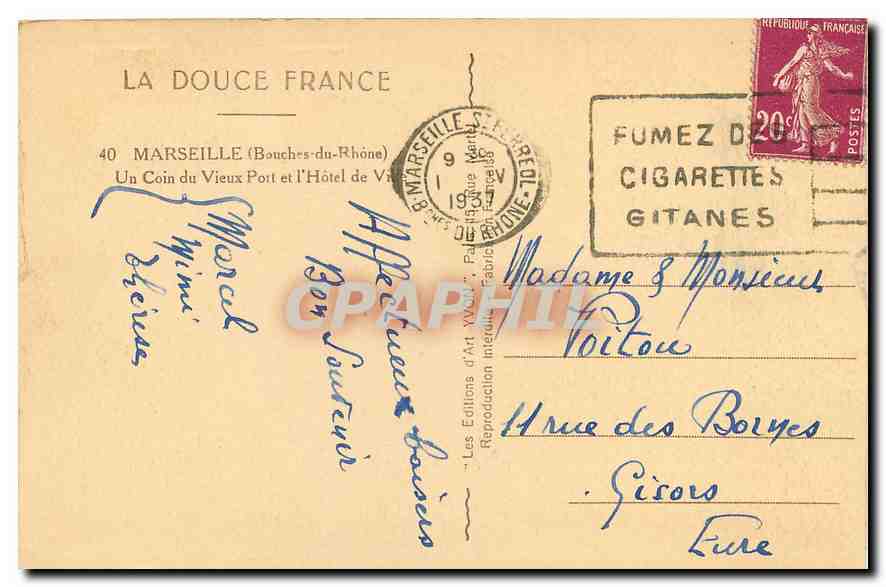 CPA La Douce France Marseille Bouches du Rhone Un Coin du Vieux Port et l'Hotel de Ville Bateaux — Verso