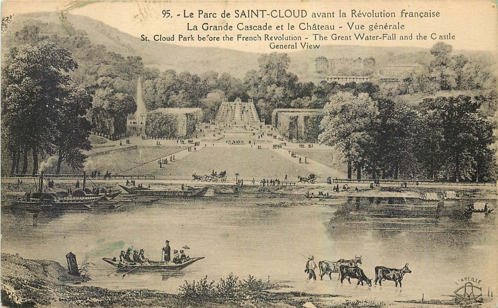 CPA Le Parc de Saint Cloud avant la Revolution francaise La Grande Cascade et le Chateau Vue general