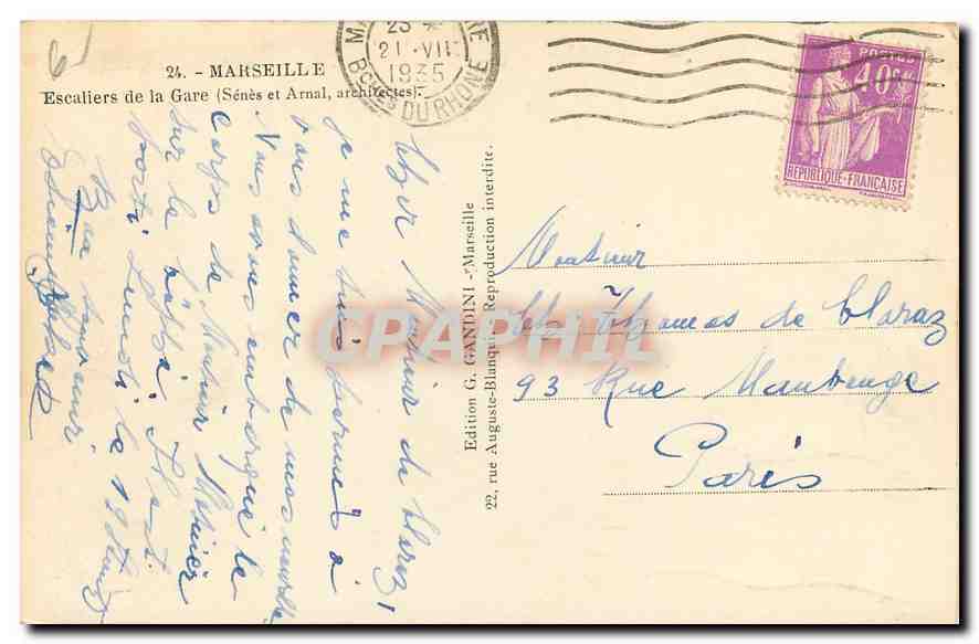 CPA Marseille Escaliers de la Gare Senes et Arnal  — Verso