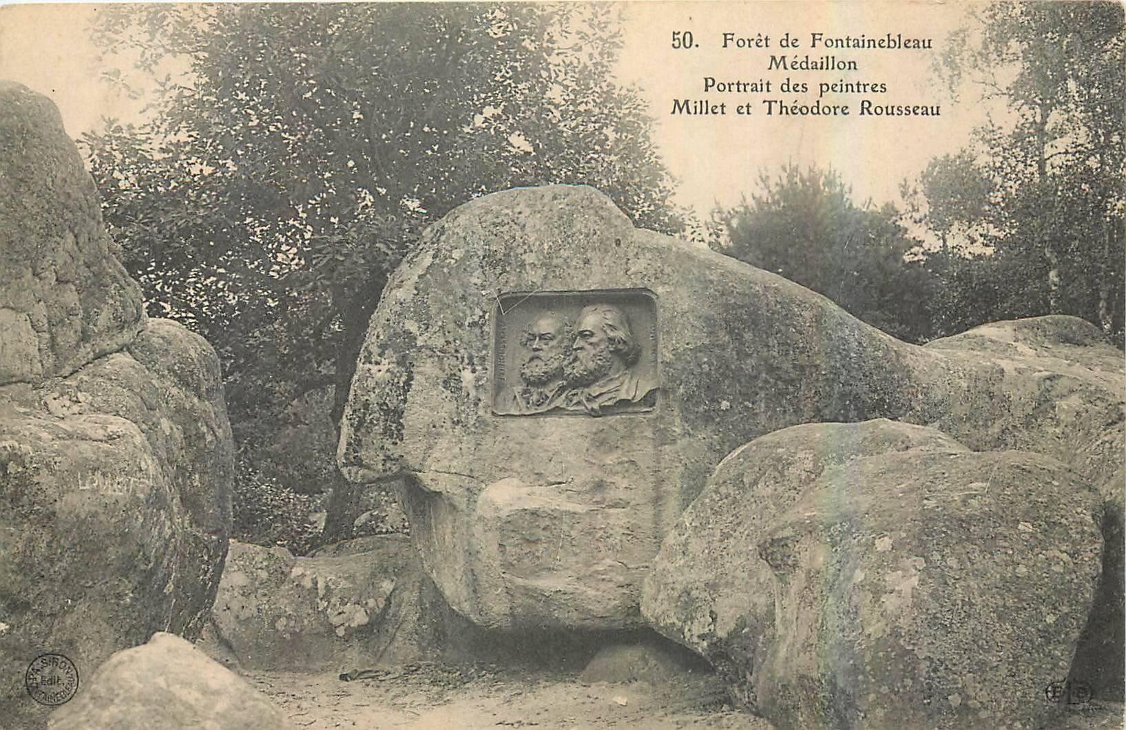 Forêt de Fontainebleau — Medallion mit Porträts von Millet und Théodore Rousseau — Verleger L. Simart, Nr. 50