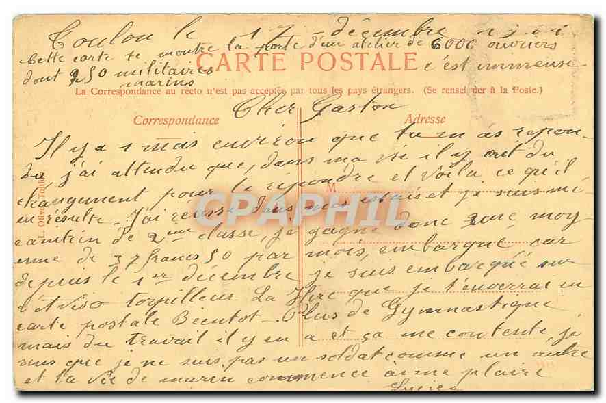 CPA Toulon Porte Principale de l'Arsenal de la Marine Nationale  — Verso