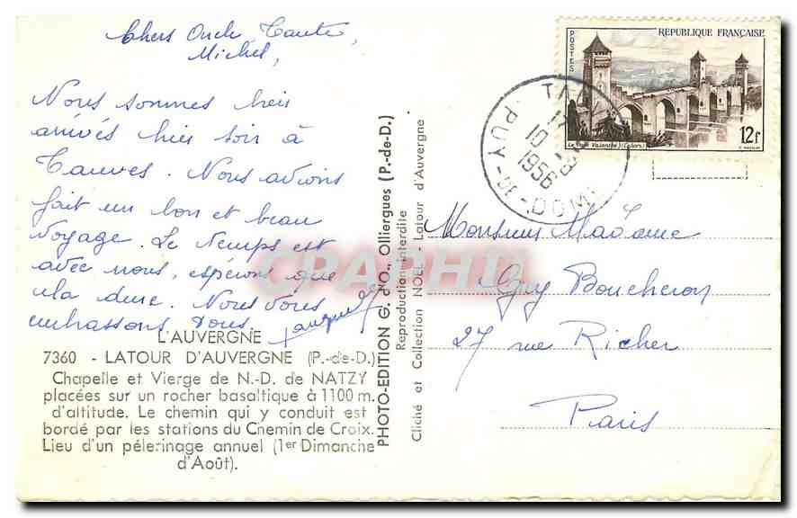 CPA l'Auvergne Latour d'Auvergne P de D Chapelle et Vierge de N D  — Verso