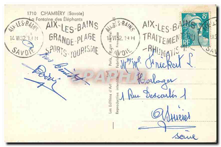 CPA Chambery Savoie La Fontaine des Elephants  — Back
