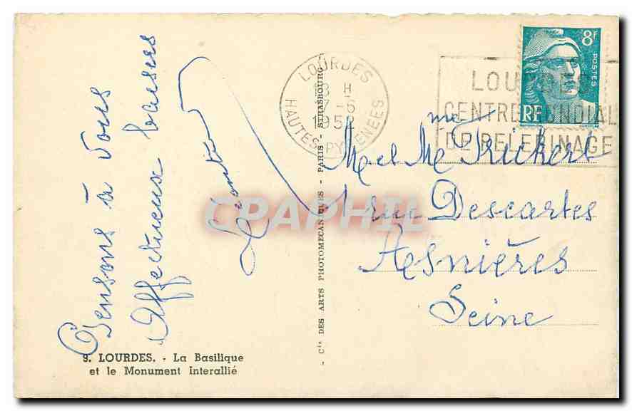 CPA Lourdes La basilique et le Monument Interallie  — Verso