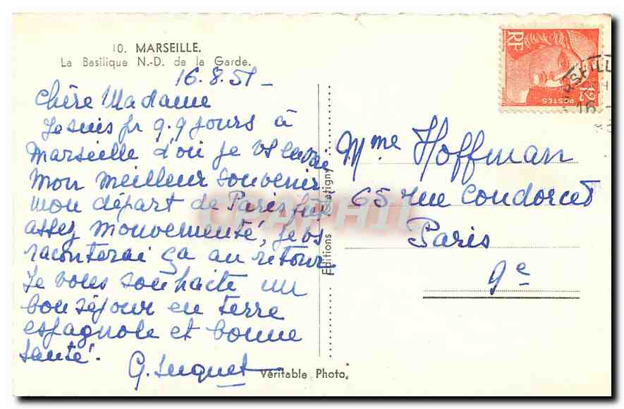 CPM Marseille La Basilique N D de la Garde  — Rückseite