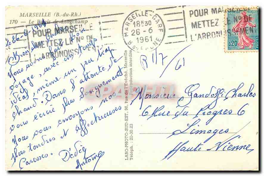 CPA Marseille B du Rh Le Palais de Longchamp  — Verso