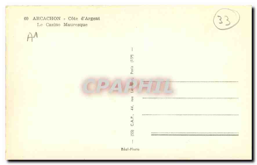 CPA Arcachon Cote d'Argent Le Casino Mauresque  — Back