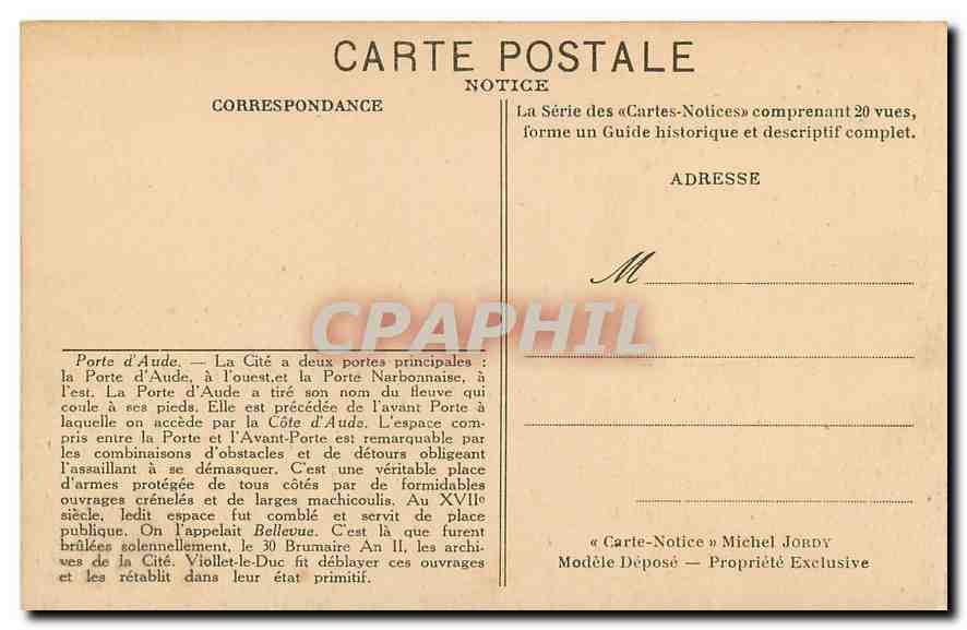 CPA La Cite de Carcassonne Porte d'Aude  — Rückseite