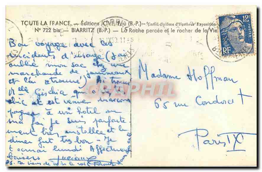 CPA Toute la France Editions Jove B P Biarritz La Roche percee et le rocher de la Vierge  — Rückseite