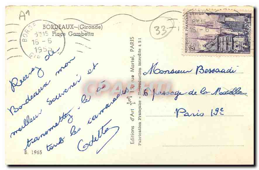 CPA Bordeaux Gironde Place Gambetta  — Verso