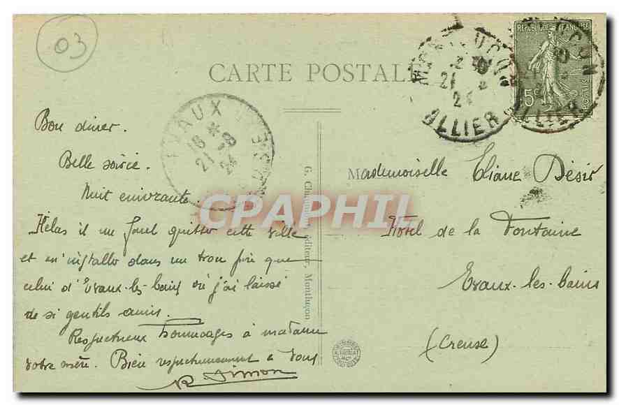 CPA Neris les Bains Le Casino  — Verso