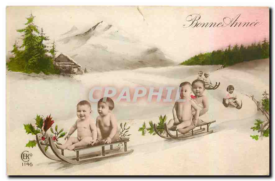 CPA Enfants Bonne Annee Luge