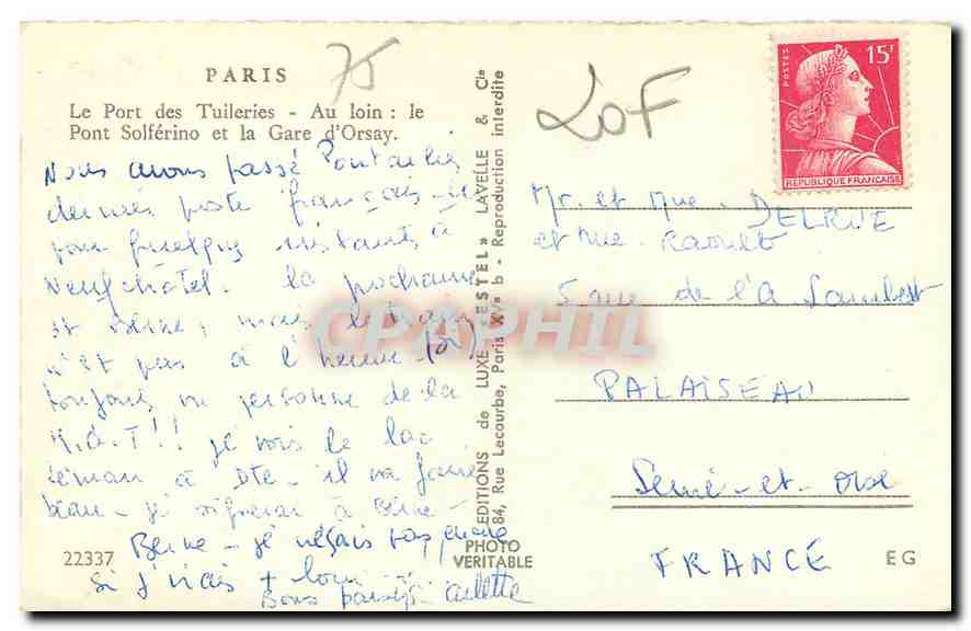 CPM Paris Le Port des Tuileries Au loin le Pont Solferino et la Gare d'Orsay  — Rückseite
