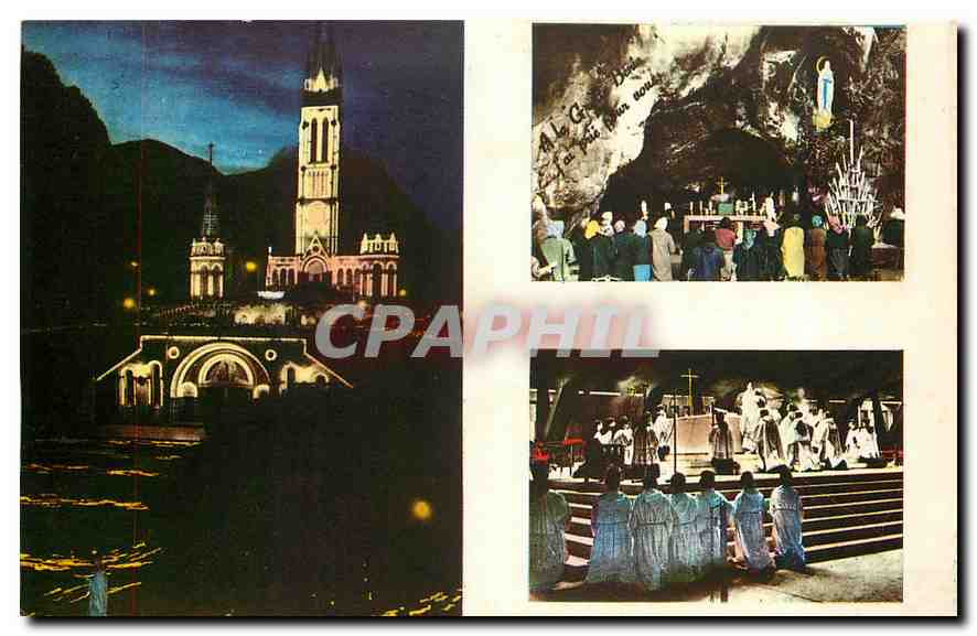 CPM Lourdes La basilique de nuit La grotte Basilique souterraine