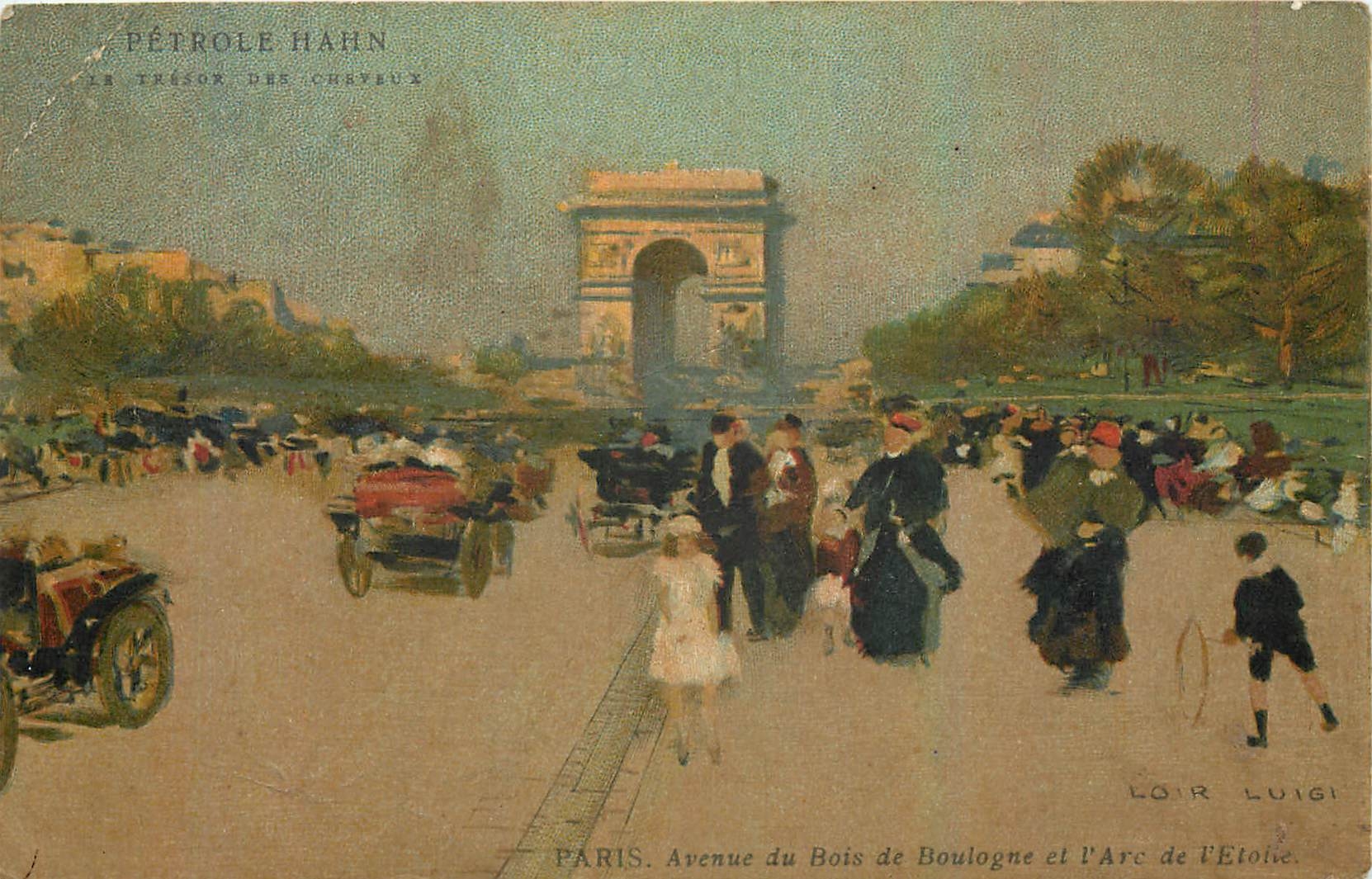 CPA Paris Avenue du Bois de Boulogne et l'Arc de l'Etoile Petrole Hahn Cheveux