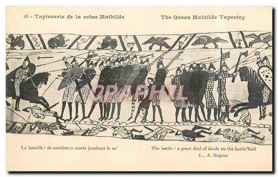 CPA Tapisserie de la Reine Mathide Bayeux La bataille de nombreux morts jonchent le sol
