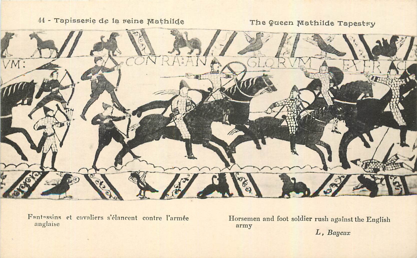 CPA Tapisserie de la Reine Mathide Bayeux Fantassins et cavaliers s'elancent contre l'armee anglaise