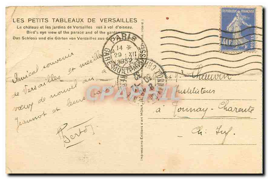 CPA Les Petits Tableaux de Versailles Le chateau et les jardins de Versailles  — Verso