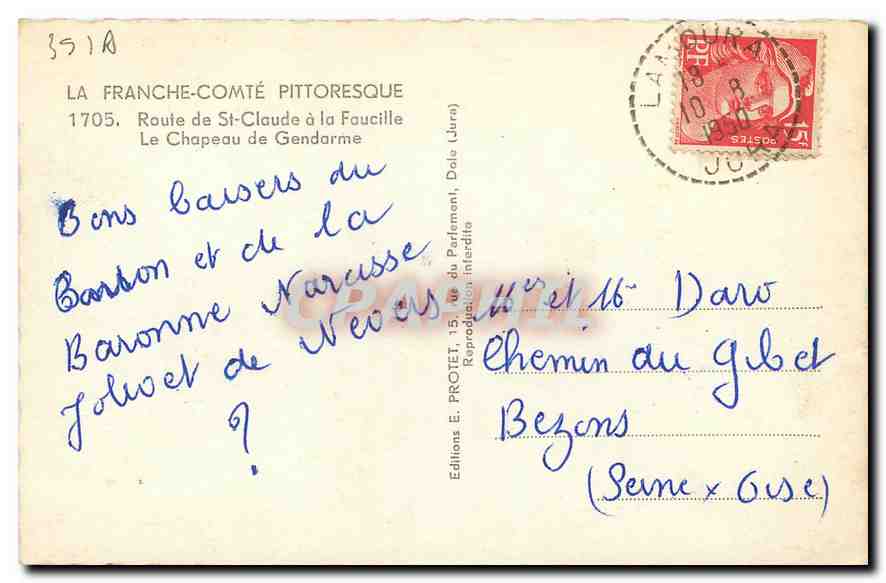 CPA La Franche Comte Pittoresque Route de St Claude a la Faucille Le Chapeau de Gendarme  — Rückseite