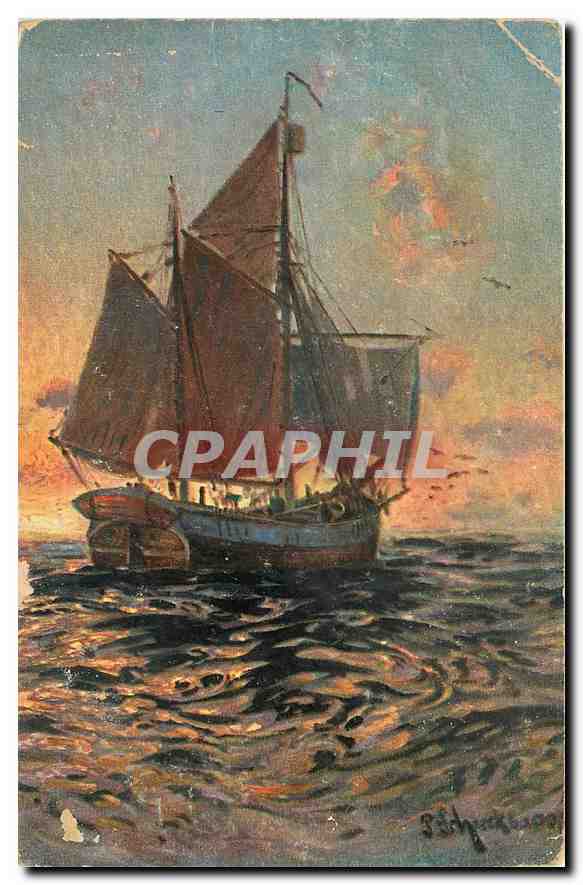 Bateau à voile — coucher de soleil — série 208, éditeur Sihman