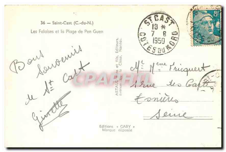 CPA Saint Cast C du N Les falaises et la Plage de Pen Guen  — Verso