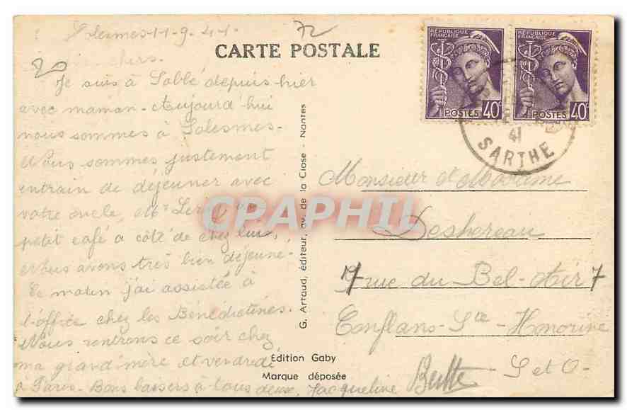 CPA Sable sur sarthe Sarthe Abbaye Saint Pierre de Solesmes  — Rückseite