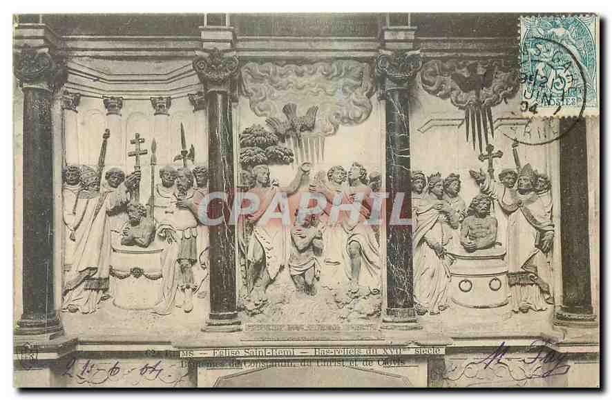 CPA Reims Eglise Saint Remi Bas reliefs Baptemes de Constantin du Christ et de Clovis