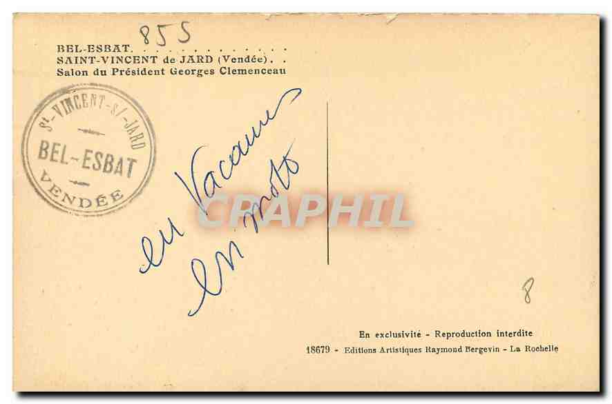 CPA Bel Essat Saint Vincent de Jard Vende Salon du President Georges Clemenceau  — Back