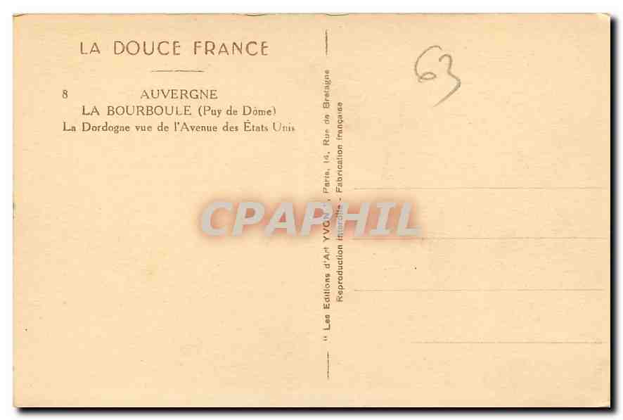 CPA Auvergne La Bourboule Puy de Dome La Dordogne vue de l'Avenue des Etats Unis  — Rückseite