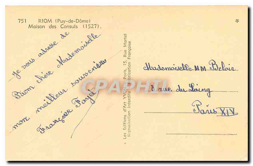 CPA Riom Puy de Dome Maison des Consuls Banque Chevalerias  — Rückseite