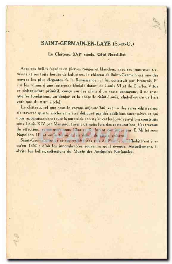 CPA Saint Germain Seine et Oise Le Chateau  — Back